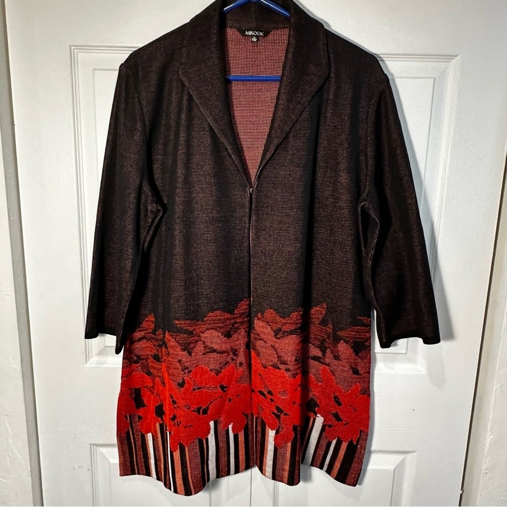 Misook Jacket Knit Abstract Graphic Print XL Open Front Red, Orange, Brown-image