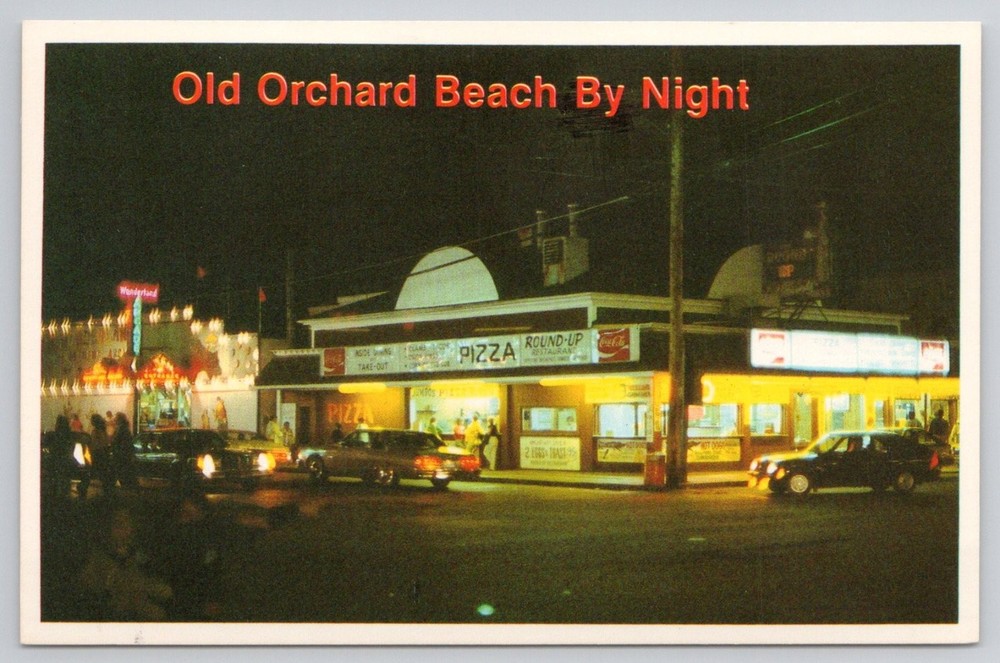 Old Orchard Beach By Night MAINE Vintage Postcard Plasticchrome Pizza Restaurant