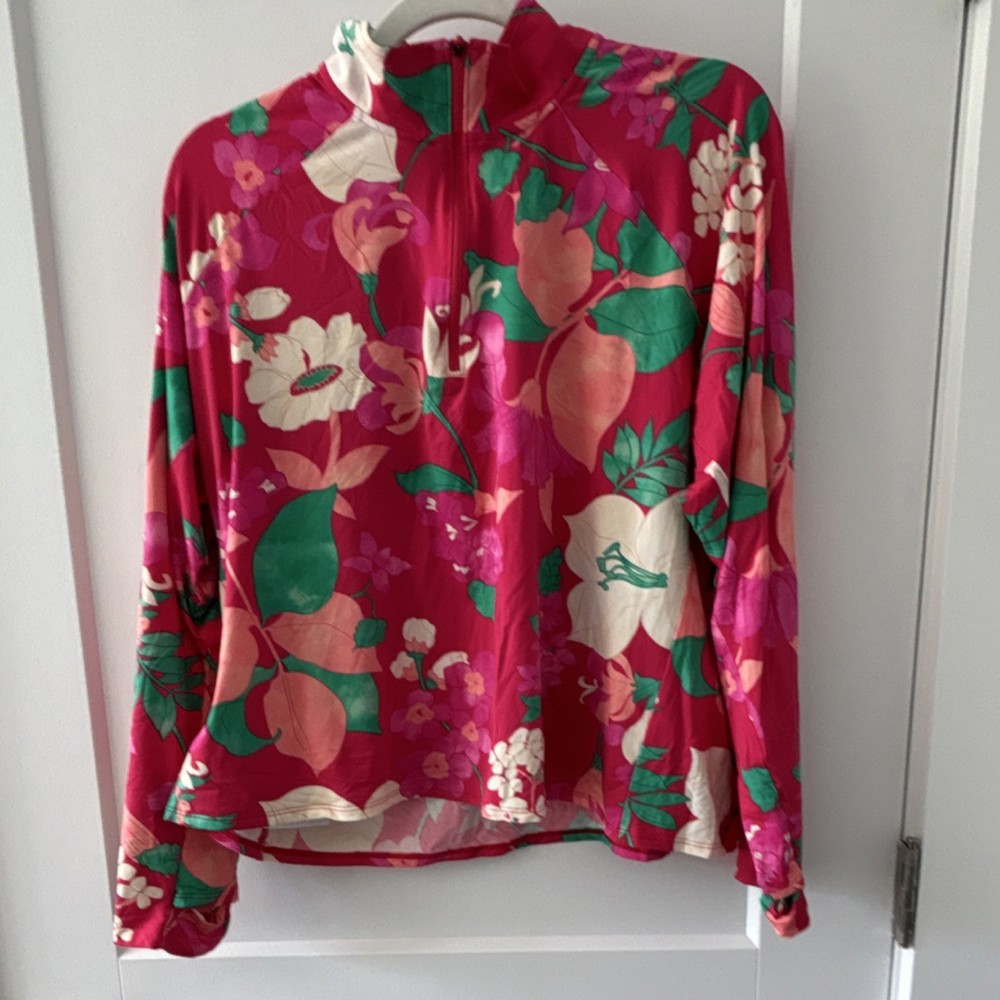 Lands' End Plus 2X Floral Pink Green Mock Neck Zip Long Sleeve Swim rash guard