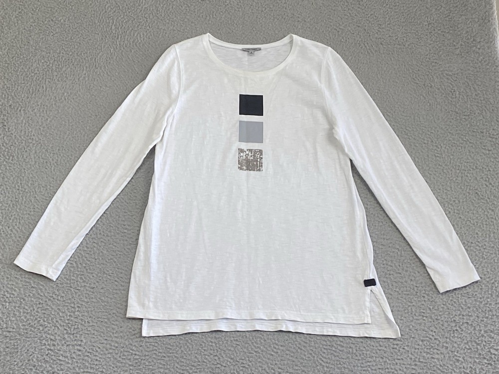 Lisa Todd Long Sleeve Shirt White Tunic Tee M Silver Black Graphic Print Preppy