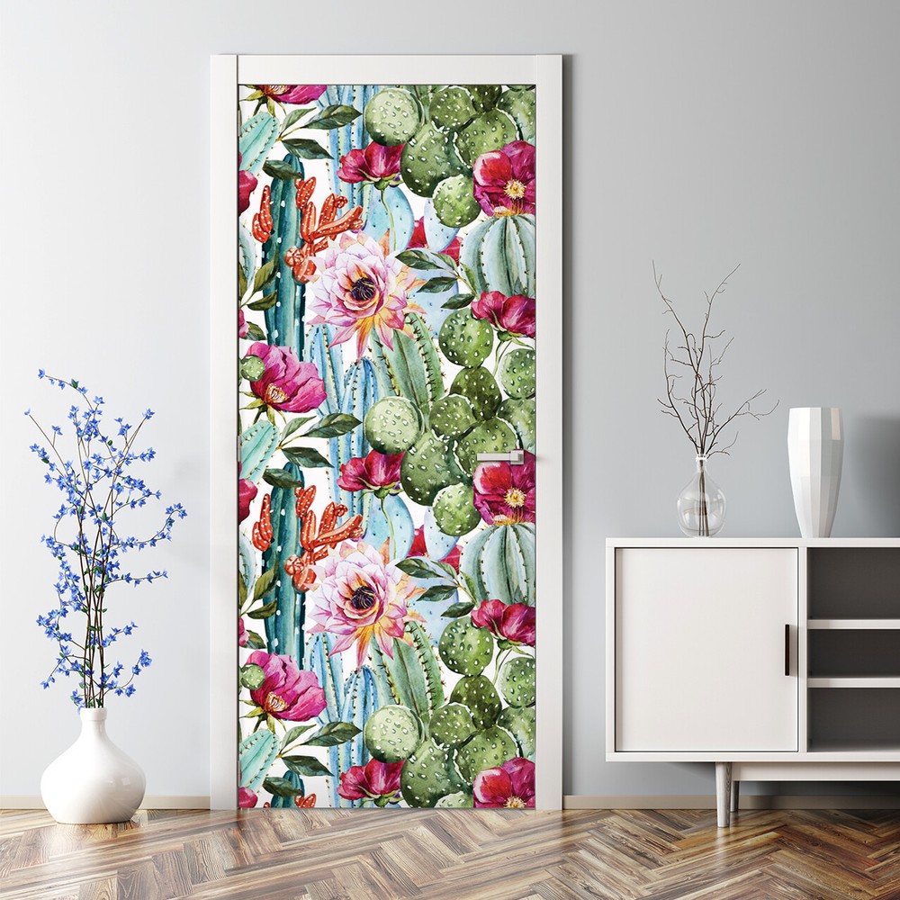 Bubble Free Door sticker Cactus flowers exotic Watercolour murals self adhesive