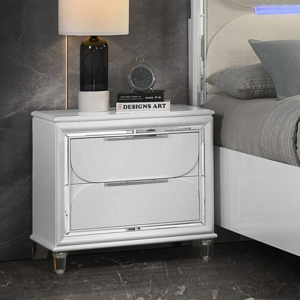 Pearl White 2-Drawer Nightstand with Elegant Acrylic Crystal Legs
