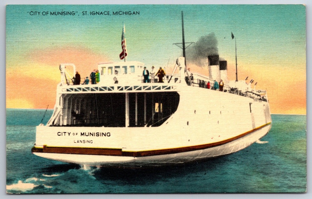 St Ignace Michigan~City Of Munising Ferry Ship~Pub McLachlan Vtg Linen Postcard