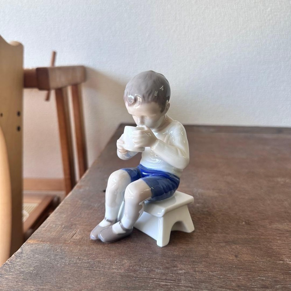 Royal Copenhagen Bing & Grøndahl Boy Drinking Milk Figurine Porcelain Used