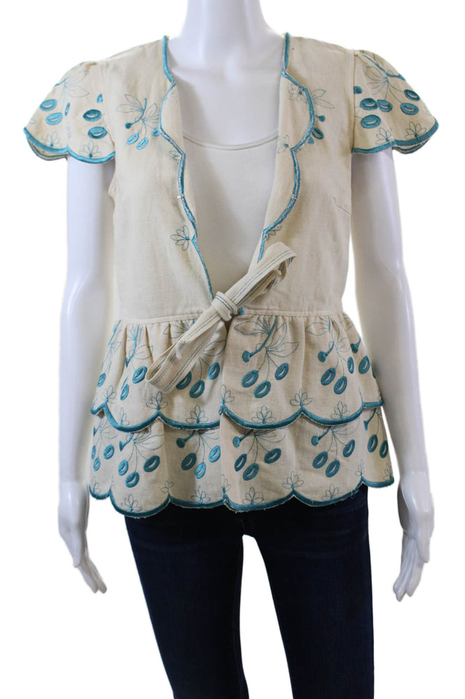 Nanette Lepore Womens Embroidered Pattern Tie Front V-Neck Blouse Beige Size 6Free Shipping in US $100+ Orders | $6.95 Orders Below