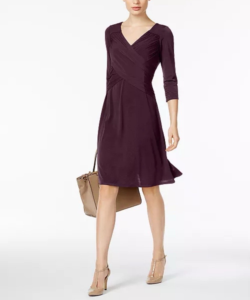 NWT NY Collection B-Slim Petite Dress 3/4 Sleeve Brown Plum Wrap Style Macy’s PL