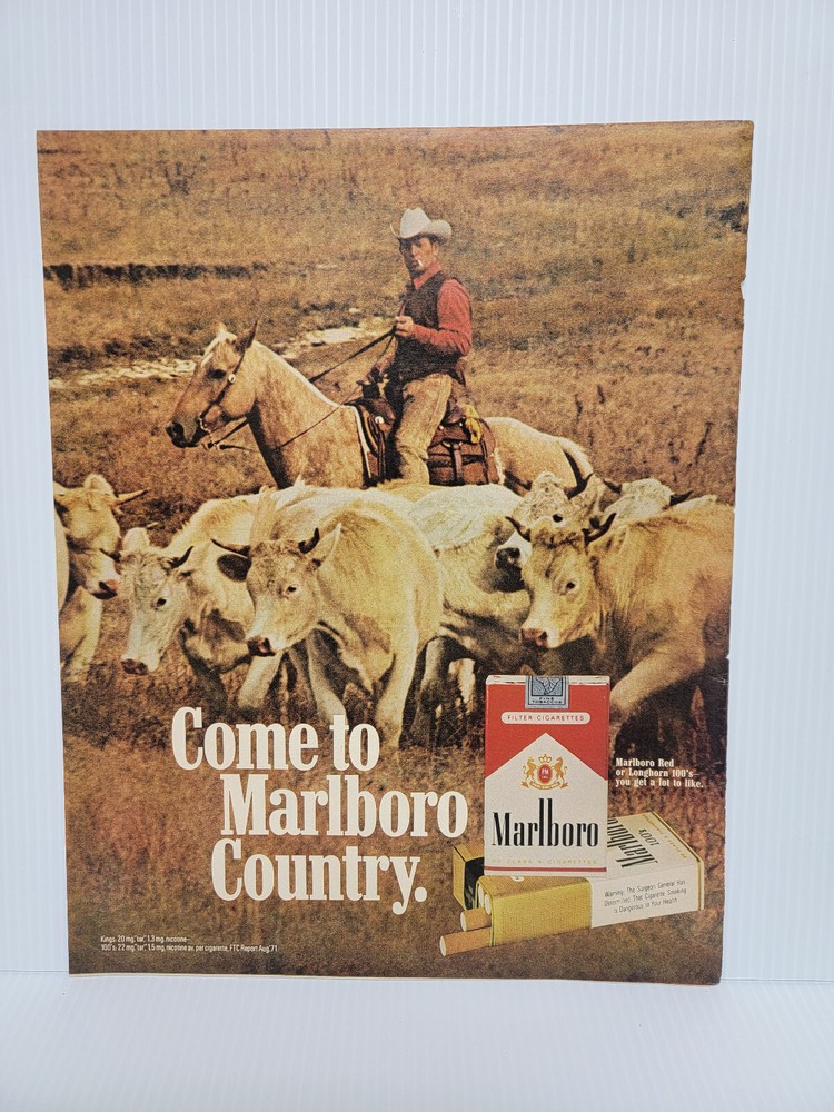 Vintage Marlboro Cowboy on horseback with steer print Ad 11 x 14