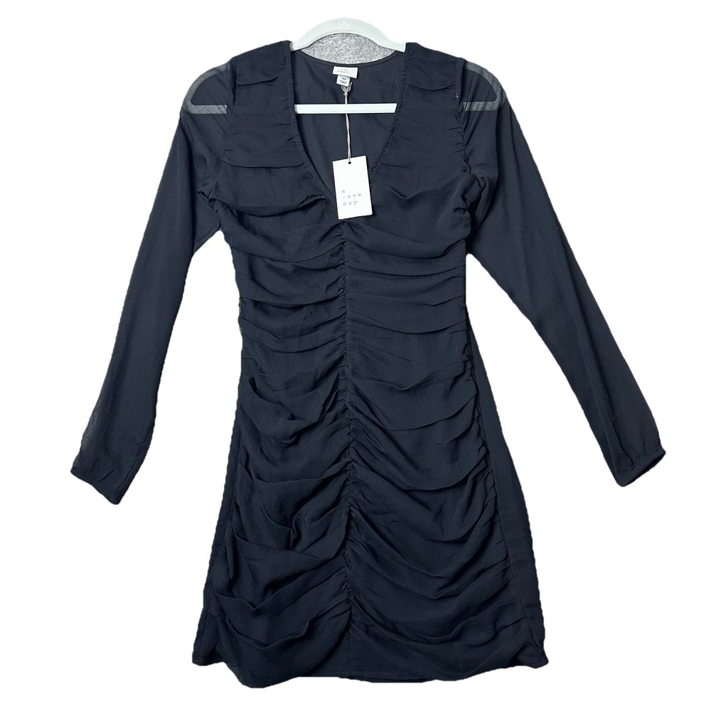 Ruched Long Sleeve Mini Dress Women’s XS Black Bodycon Party Cocktail Evening
