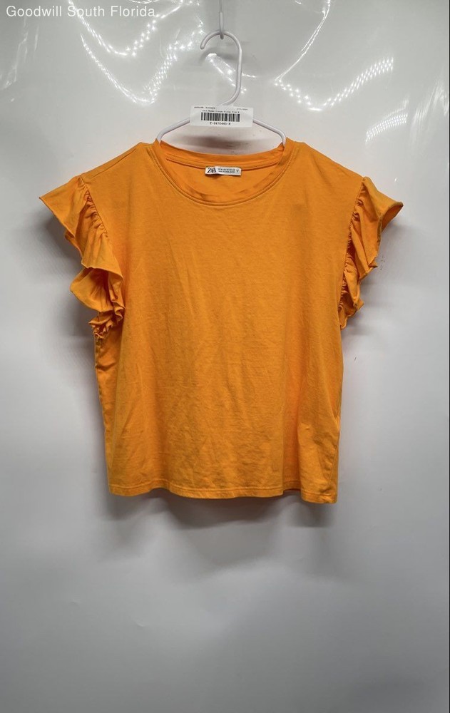 Zara Womens Orange Short Sleeve Crew Neck Pullover Blouse Top Size Medium
