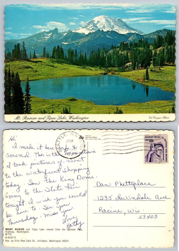 Vintage Mt. Rainier & Tipsu Lake Washington Postcard 1988 Posted Dexter Press