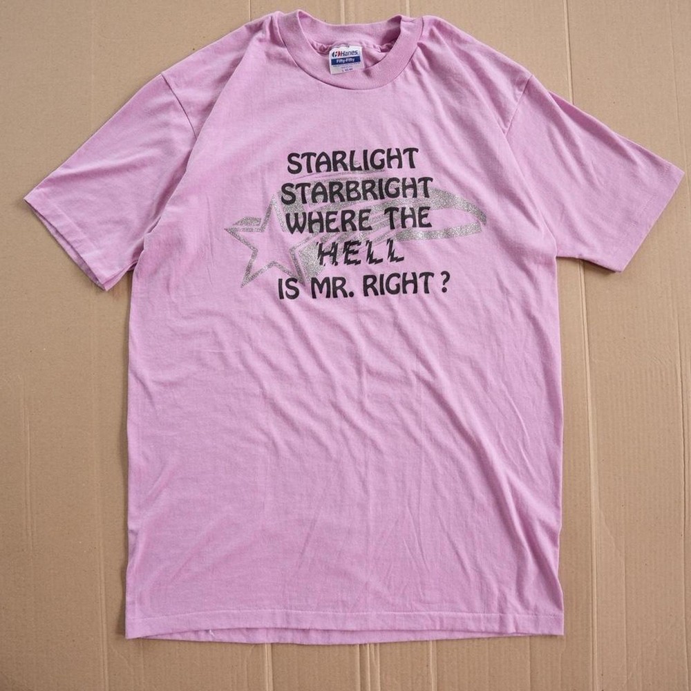 Hanes 50/50 VTG Tshirt Sz L Pink Graphic Made in USA Single Stitch Humor Glitter