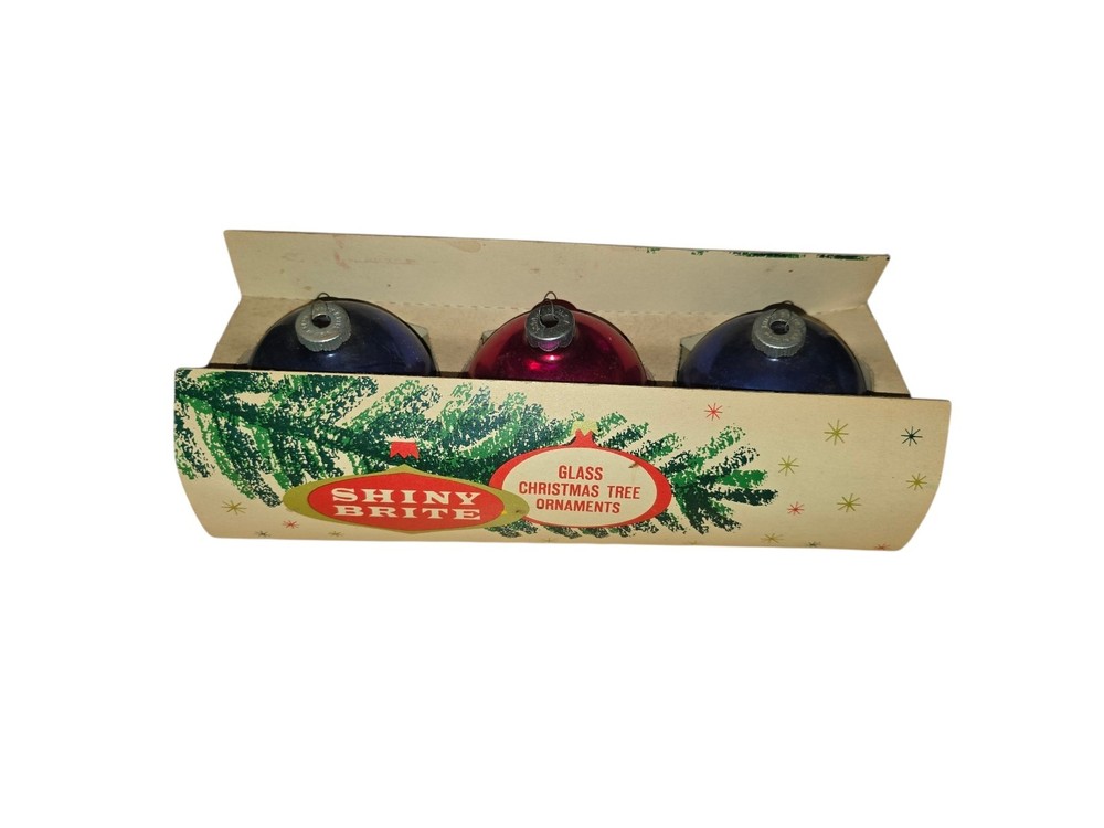 Vtg 1950s Shiny Brite Glass Christmas Ornaments Box Set 3 Count (2) Blue (1) Red