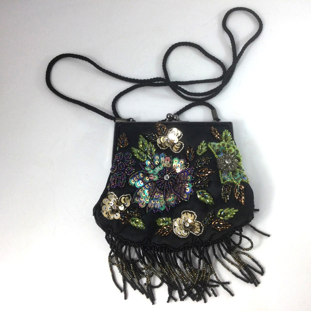 Vintage Lancome Hand Beaded Black Small Purse Long Strap Glamour Elegant