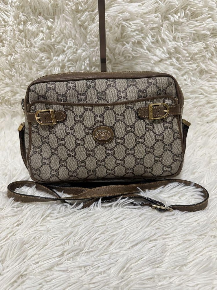 GUCCI Plus GG Pattern Leather Brown Crossbody Bag with Gold Hardware