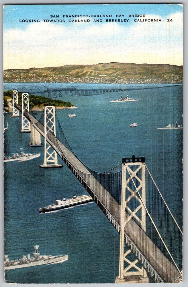 Vtg Linen Postcard Bay Bridge Aerial View San Francisco, CA 1940s