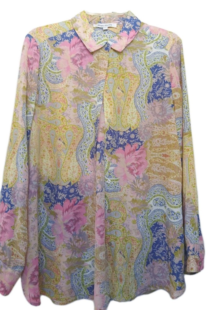 Rose + Olive Button Up Shirt Blouse Large Romantic Floral Long Sleeve Flowy