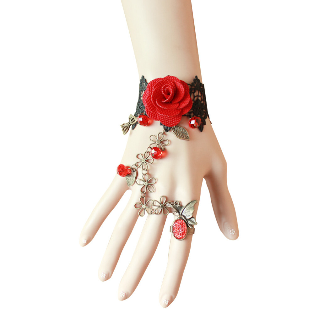 Vintage Bride Bracelet with Ring Finger Hand Chain and Accent Rings