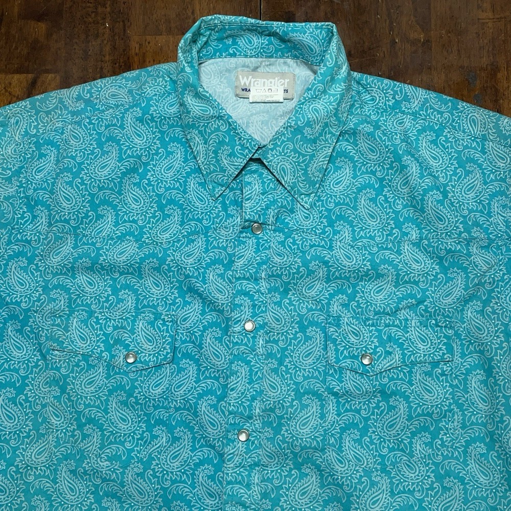 Wrangler Wrancher Mens Teal Paisley Pearl Snap Western Shirt XL