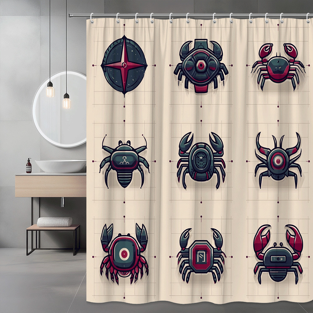 Crab and Sea Creature Print Shower Curtain, Nautical Graphic Design