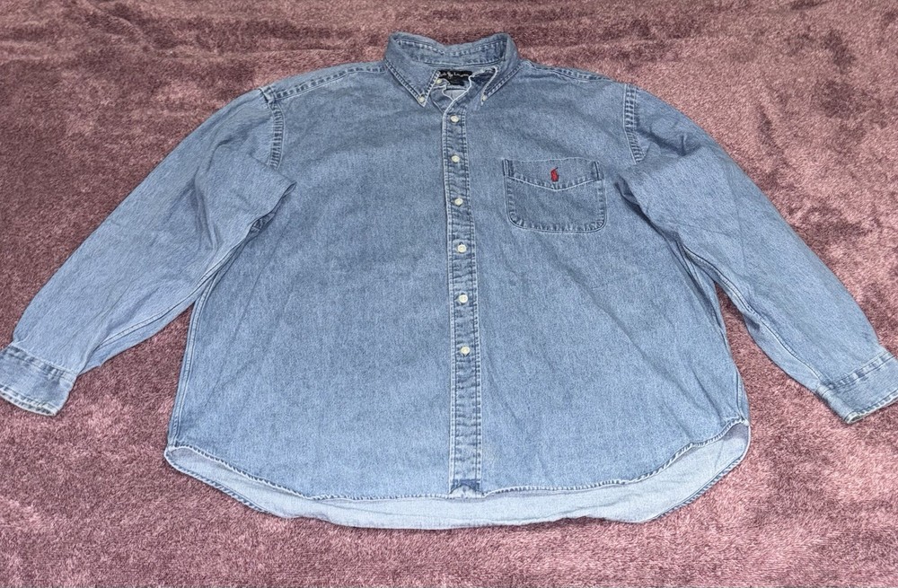 Vintage Men’s Polo Ralph Lauren Denim Big Shirt Blue Button Down Red Logo XL