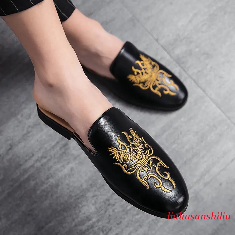 Embroidered Mens Slip on Faux Leather Fashion Round Toe Mules Casual Shoes New