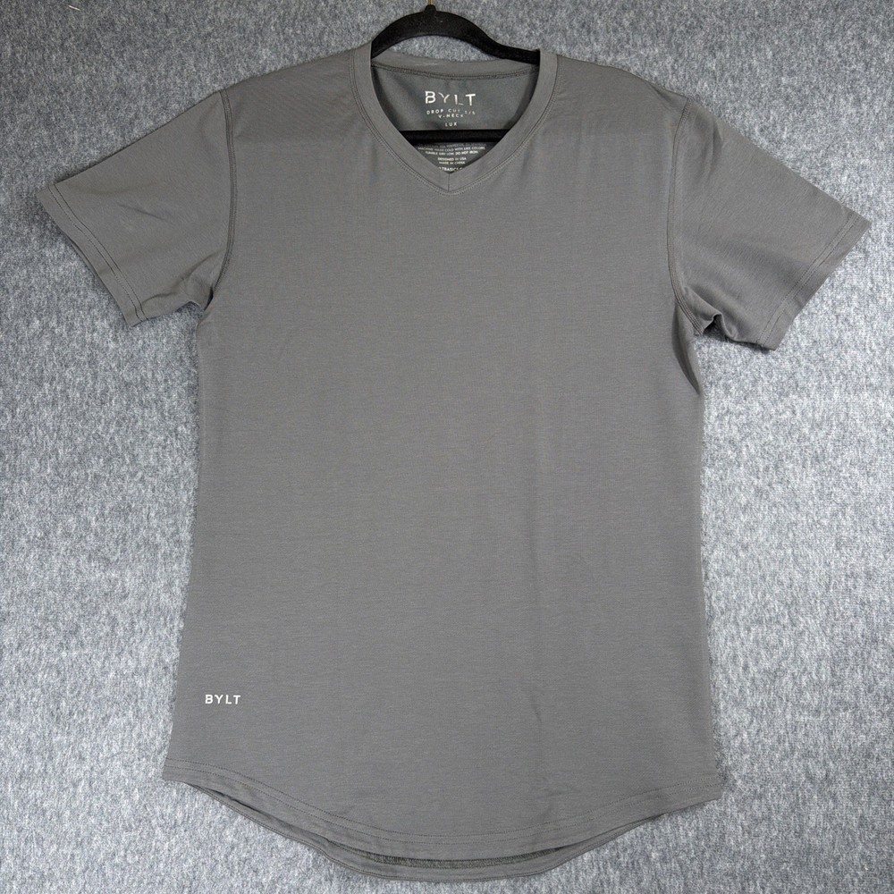 BYLT Shirt Drop Cut V-Neck Lux Shirt Mens S Grey Stretch Casual Premium Basics