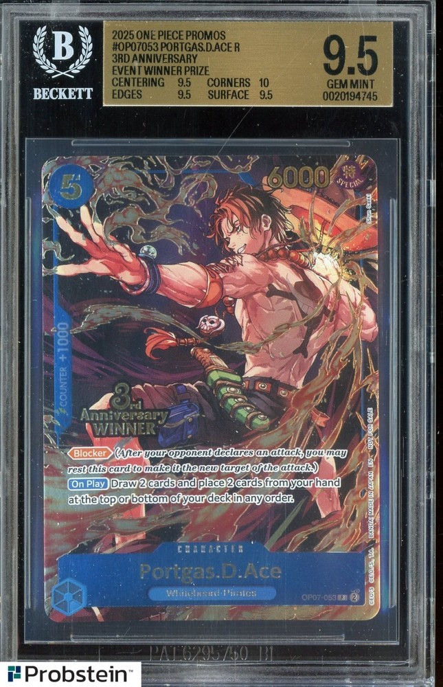 2025 One Piece Promos Portgas D Ace 3rd Anniversary Event Winner Prizm BGS 9.5PROBSTEIN is actively accepting consignments !!