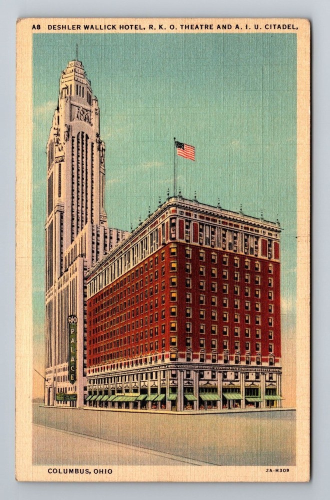 Columbus OH-Ohio, Deshler Wallick Hotel, RKO Theatre, Antique Vintage Postcard