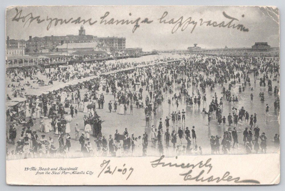 RPPC 1907 Atlantic City NJ Crowded Beach Boardwalk Steel Pier Postcard