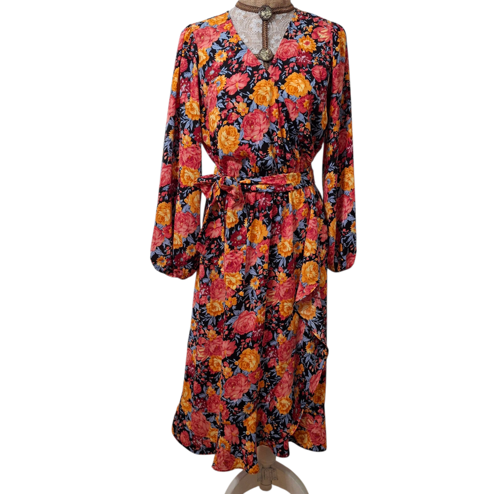 LC Lauren Conrad Navy Orange Floral Balloon Belted Sleeve Dress M