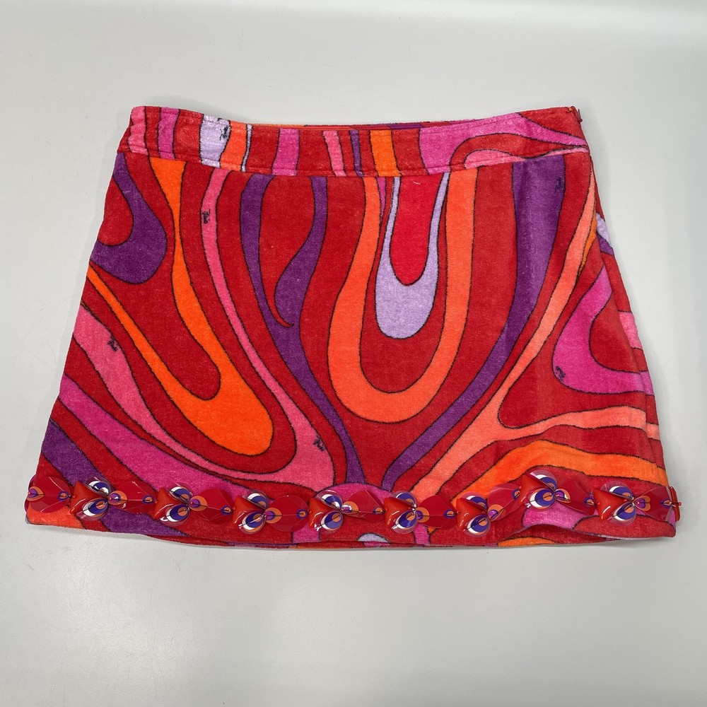 Pucci Women Mini Skirt Red/Multi Size 10 Marmo Embellished Cotton Terry Side Zip