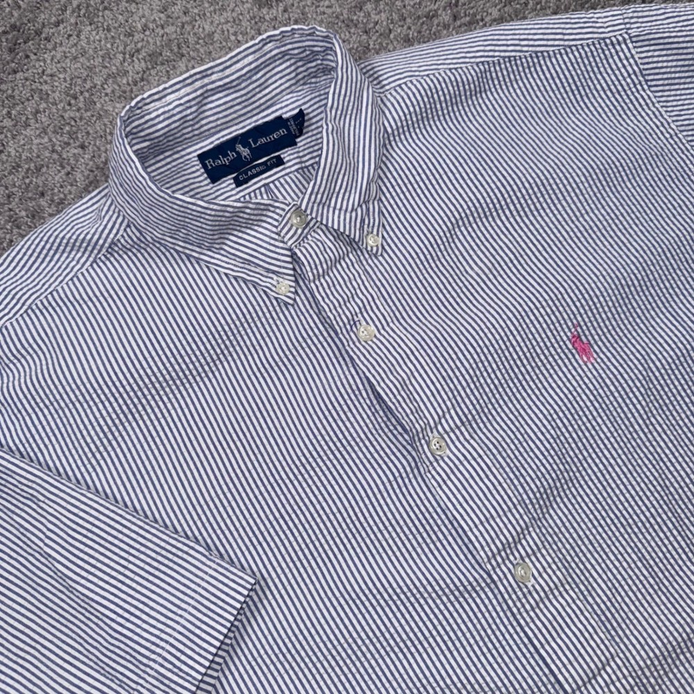 Ralph Lauren Seersucker Button Down Mens Classic Fit Striped Blue XL Excellent
