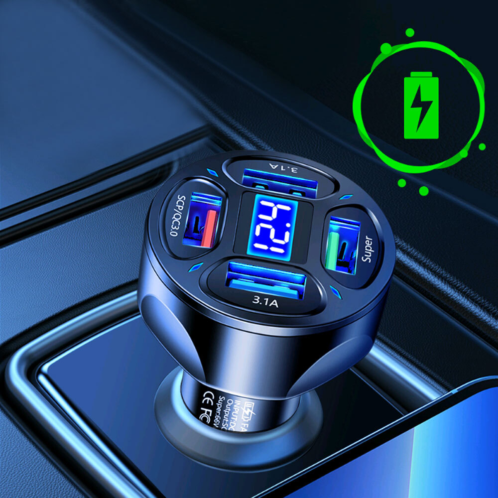 66W USB Car Charger with QC3.0 Fast Charge & LED Voltmeter