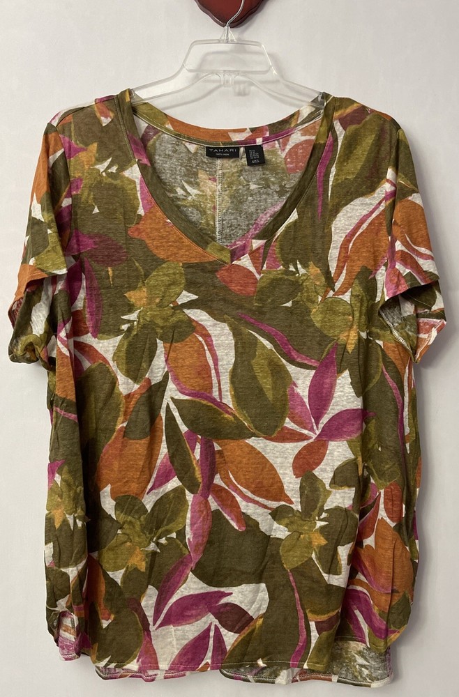 Tahari Womens 2x Colorful Vneck 100% Linen Short-Sleeved Tunic Blouse! A6703r