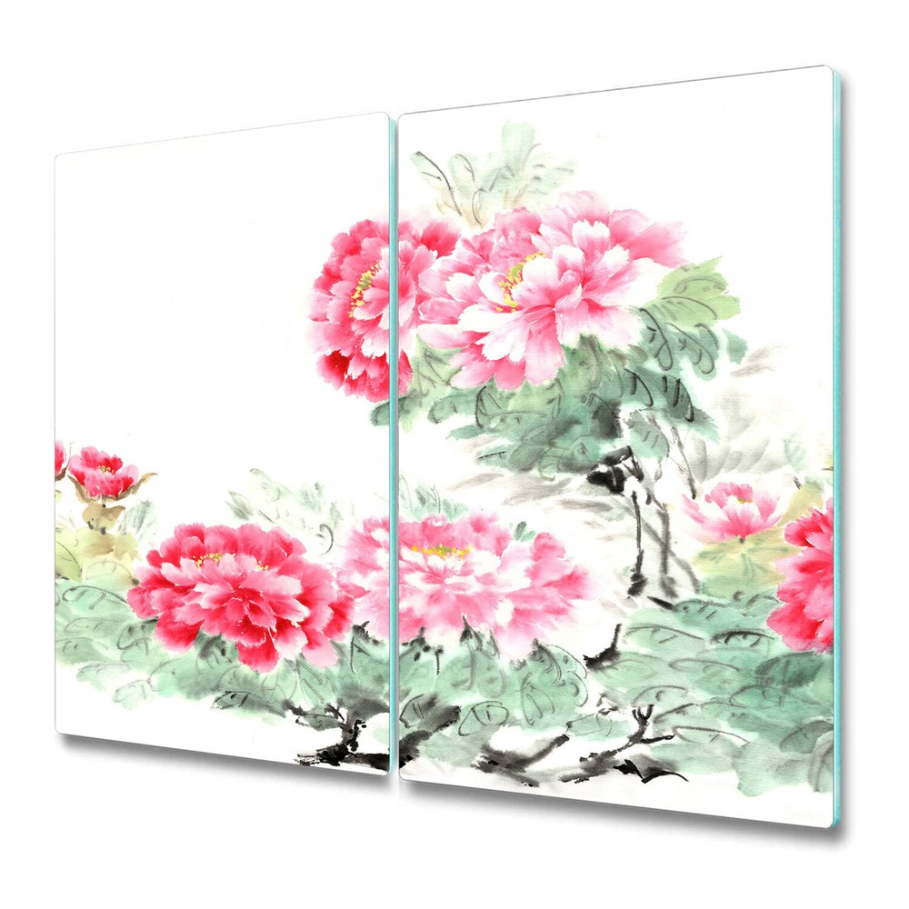 Glass Chopping Cutting Board Chinese Ink Peony Flowers Watercolour Floral