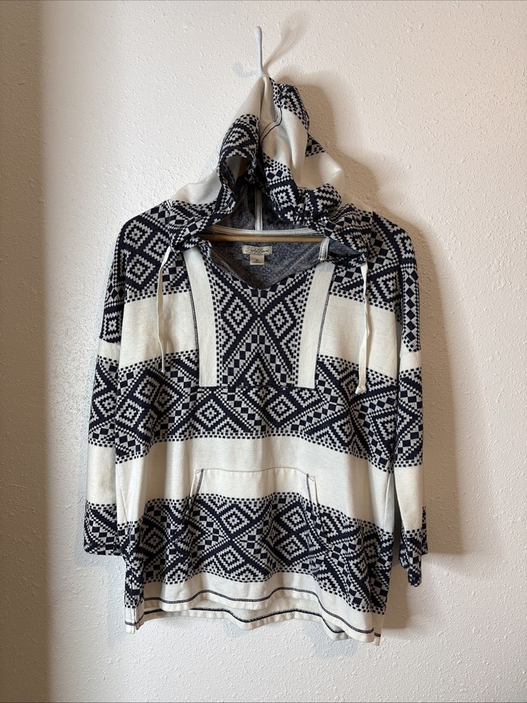 Lucky Brand Hoodie Womens M V-Neck Pullover Aztec Print Boho Sweatshirt, #737