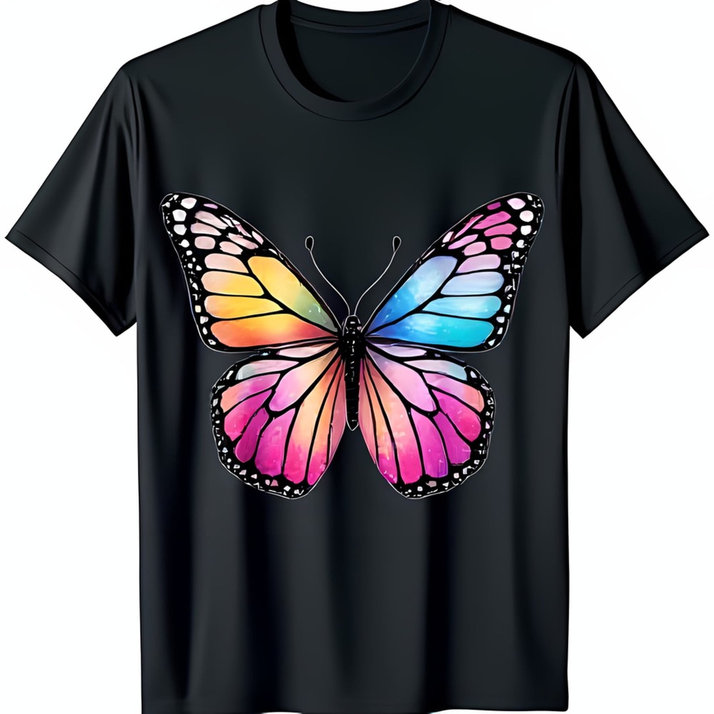 Elegant Black T-Shirt with Vibrant Butterfly Chest Graphic Soft Calming Design