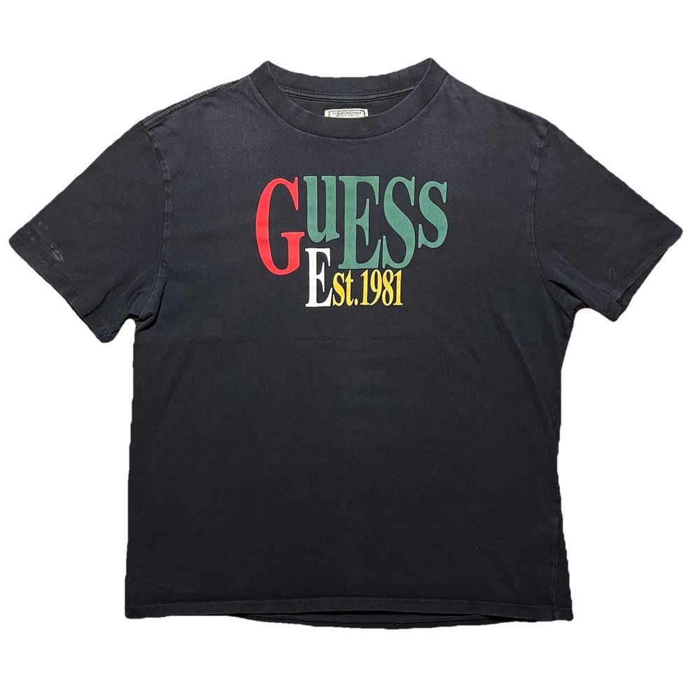 Vintage Guess T Shirt Mens L Black Y2K Spellout Logo USA Graphic Tee