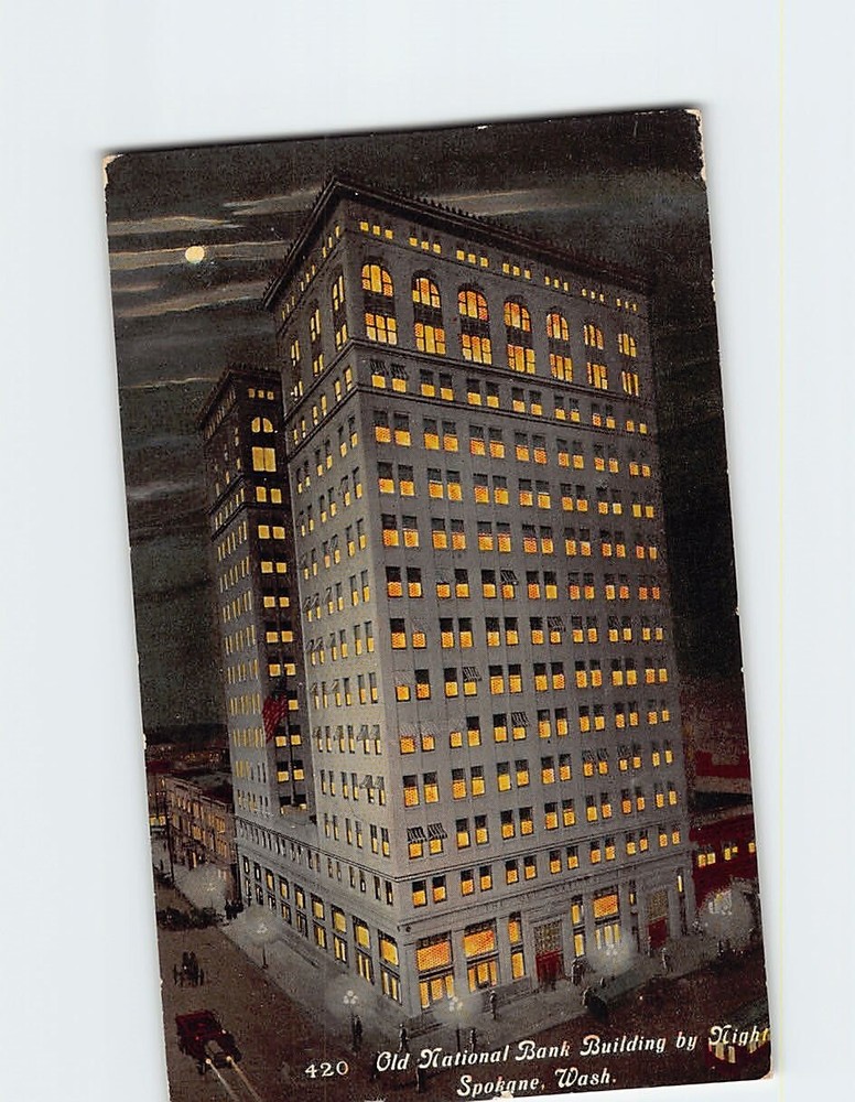 Postcard Old National Bank Building By Night Spokane Washington