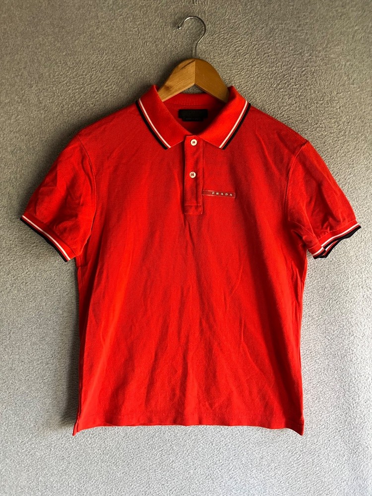 Prada Milano Polo Shirt Mens Medium Orange Striped Collar Short Sleeve