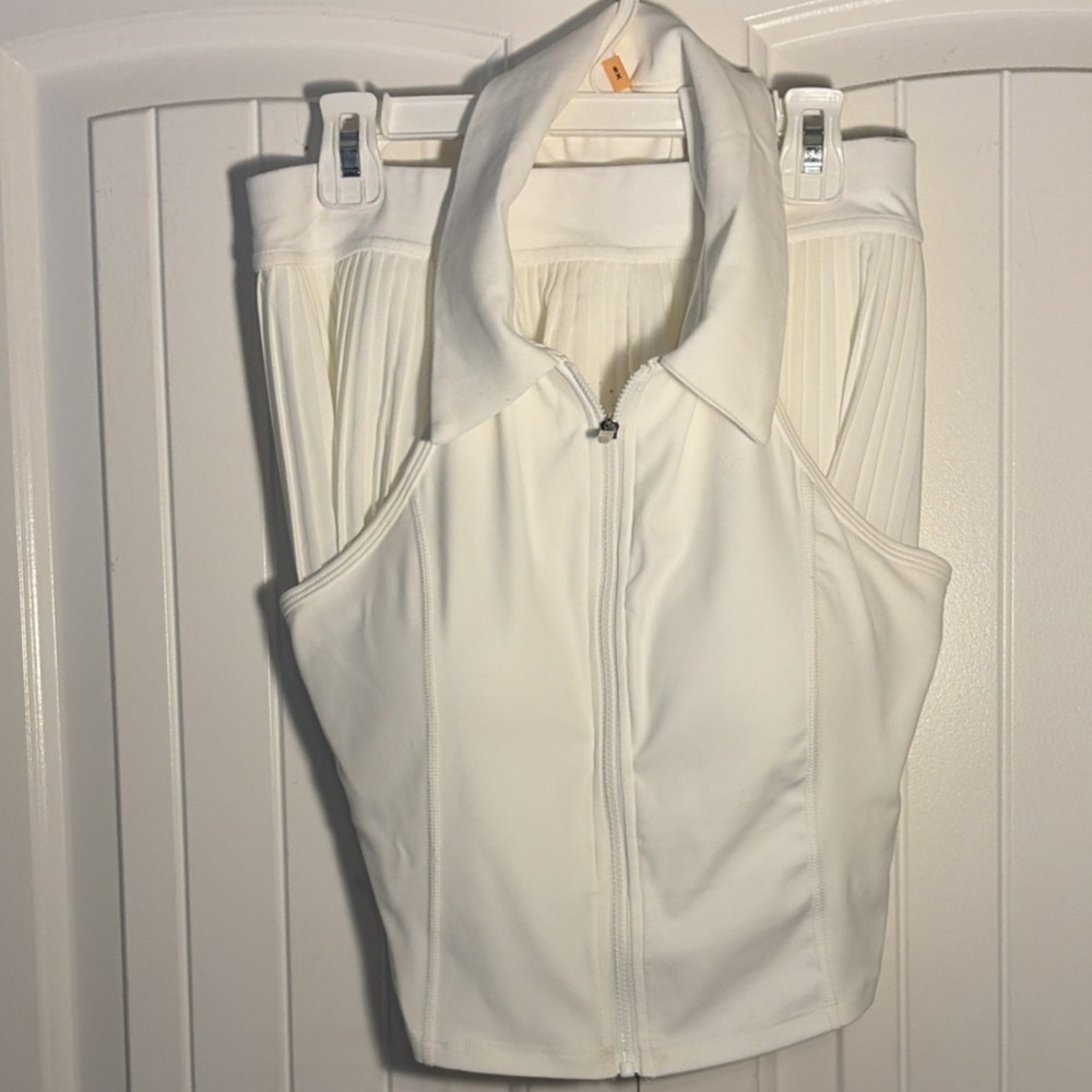 COSLEAF Collared Sleeveless Top & Skirt Set White Zip Accent 2 Piece S Women