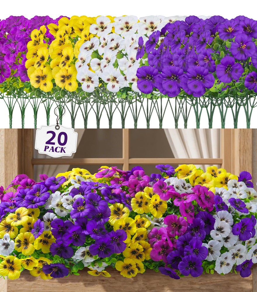 20PCS Artificial Fake Pansy Flowers for Outdoor Spring Decor, Faux Silk Mixed...
