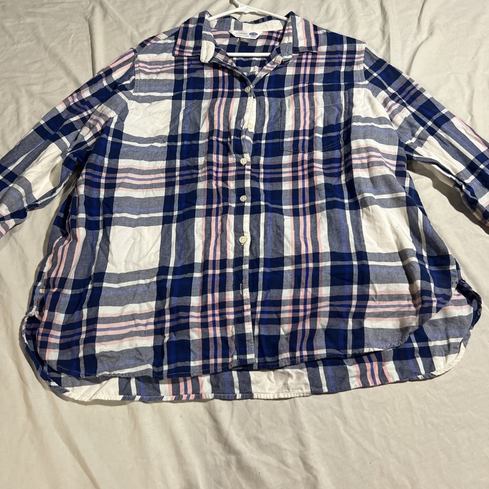 Old Navy The Classic Shirt Women’s XXL Blue Pink White Plaid Button Up Cotton
