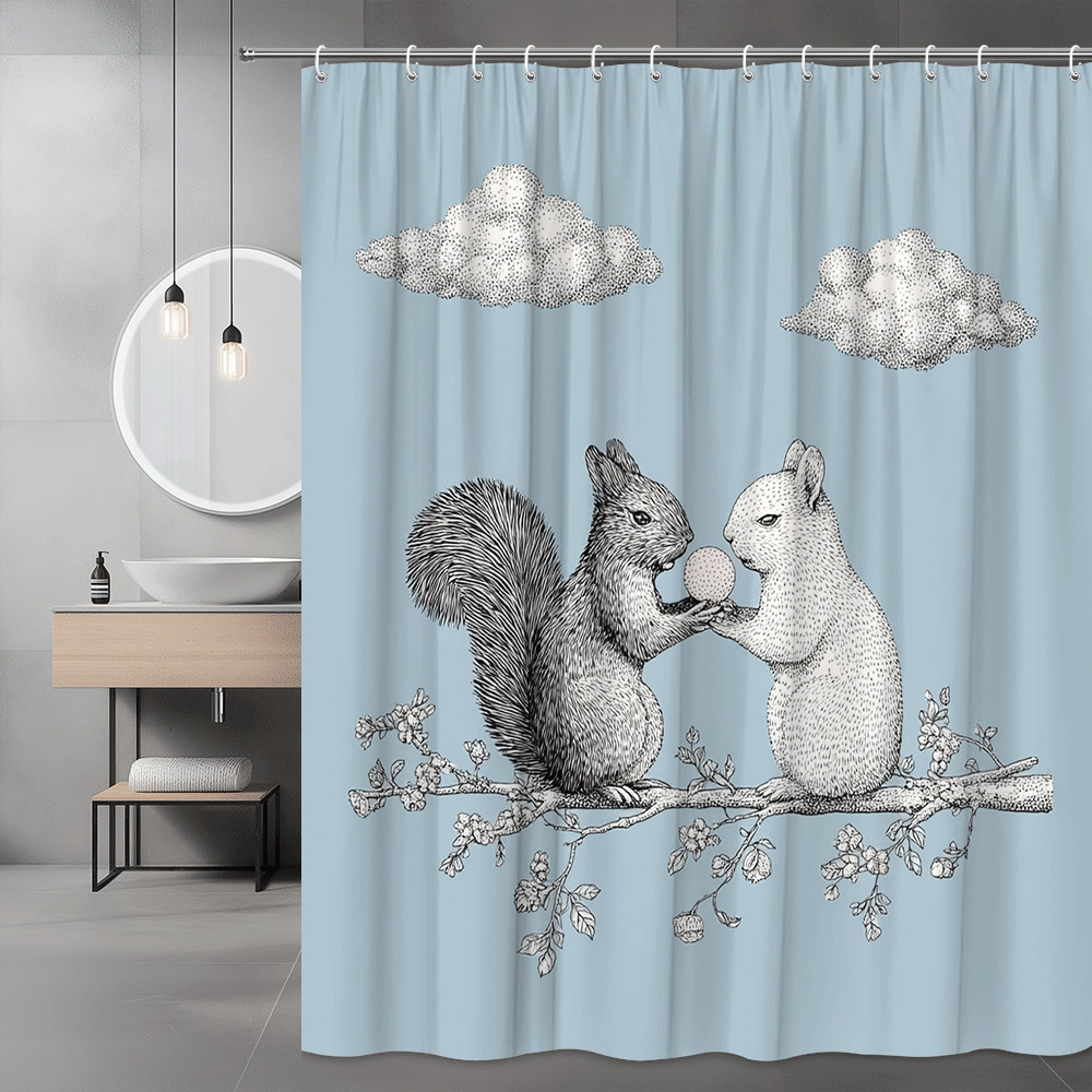 Squirrel Shower Curtain Blue Background with Clouds and Branch