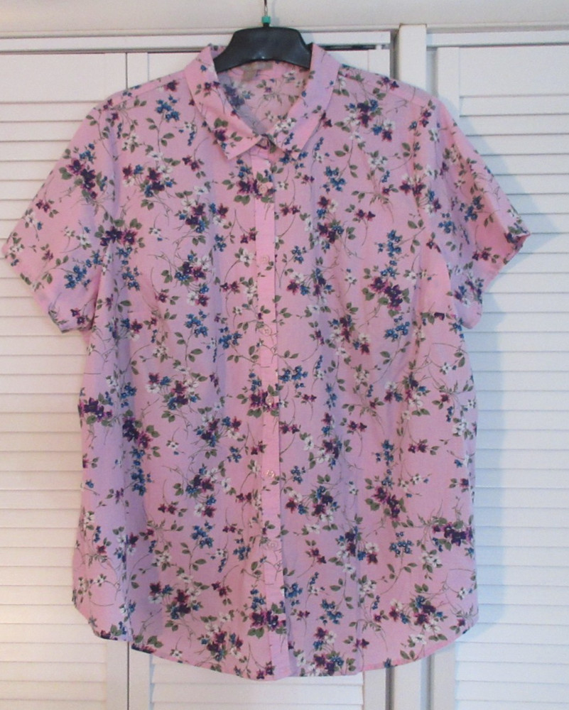 WOMAN WITHIN Sz 2X (26/28) Purple- Blue Purple White Flowers Short Sleeve Blouse