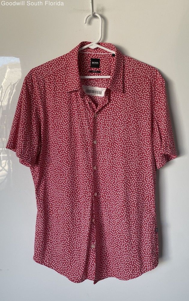 Hugo Boss Mens Red White Floral Short Sleeve Sharp Fit Button-Up Shirt Size L