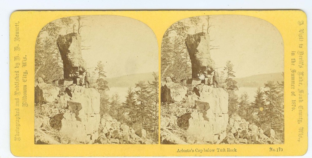 G0994~ WISCONSIN – c.1870 Devils Lake Ariosto Cap Rock HH Bennett Stereoview