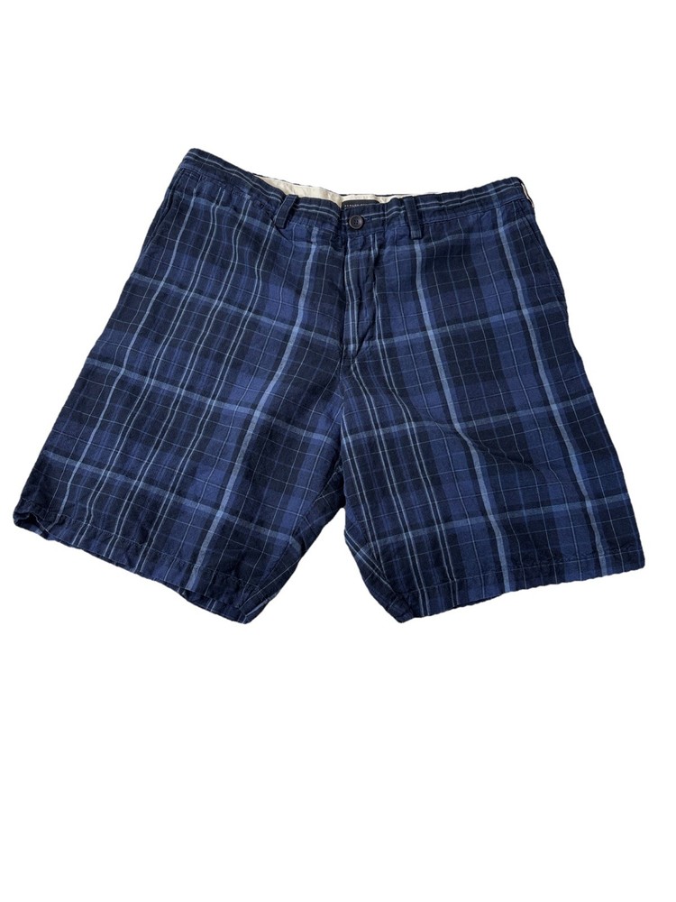Banana Republic Flat Front Shorts, Linen Blend Blue Plaid, Mens Size 38