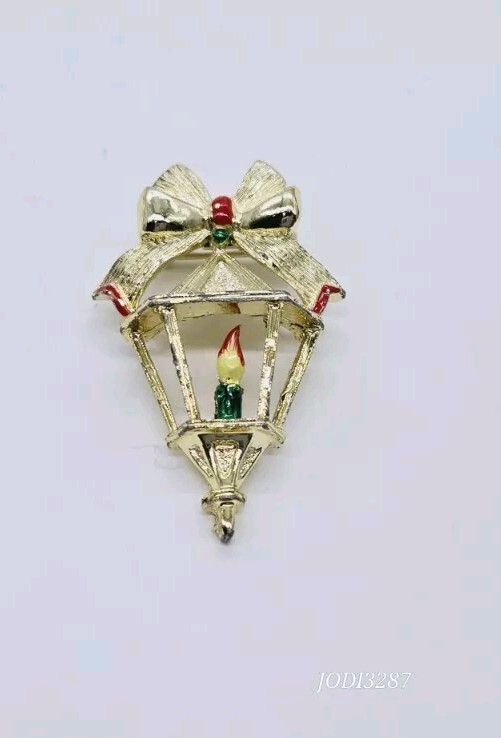 Christmas Candle Light Brooch Pin Signed Gerry's Enamel Gold tone Vintage