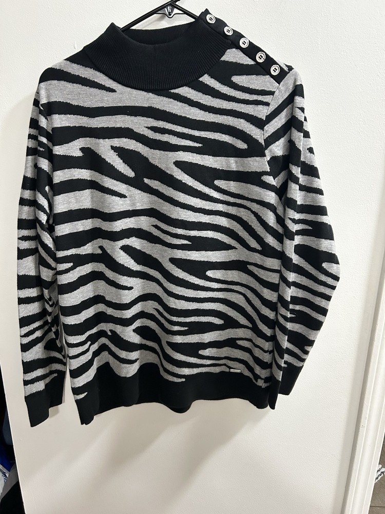 Calvin Klein Women's Black Gray Zebra Print Mock Neck Sweater Size L